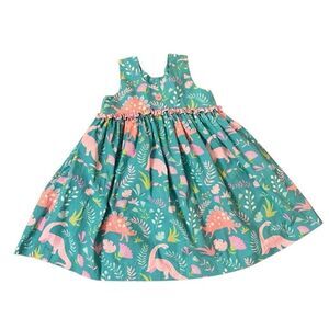 Eleanor Rose Lacey Dress Teal Pink Dinosaur Brontosaurus Stegosaurus Size 7-8
